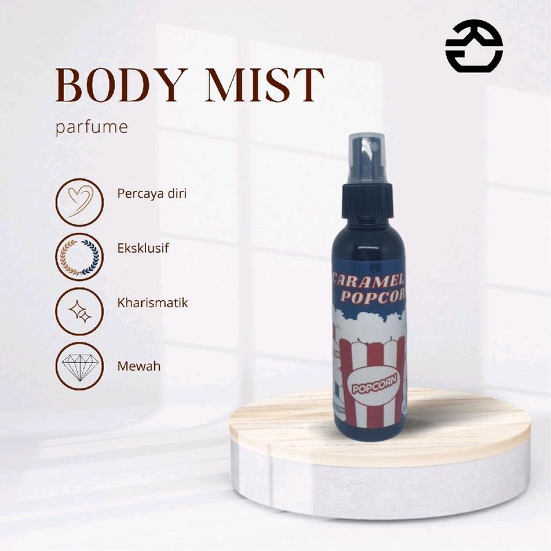 parfume body mist bisa untuk badan, pakaian, sepatu, topi, pengharum lemari dengan berbagai macam aroma. pop corn caramel, swtzl, apel, stawbery, vanila, buble gum, bcrat, sln gms, laundry, melati, svage, scndls. 0