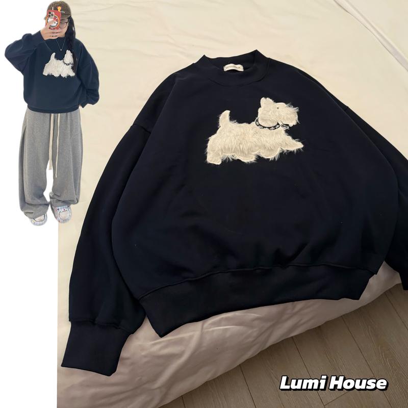 ( MỞ BÁN) ÁO SWEATER CỔ TRÒN NỈ BÔNG HÀN COTTON DÀY DẰN FORM UNISEX NAM NỮ HÌNH THÊU CÚN BÔNG NỔI LUMI HOUSE LUMI CLUB LMCSW01
