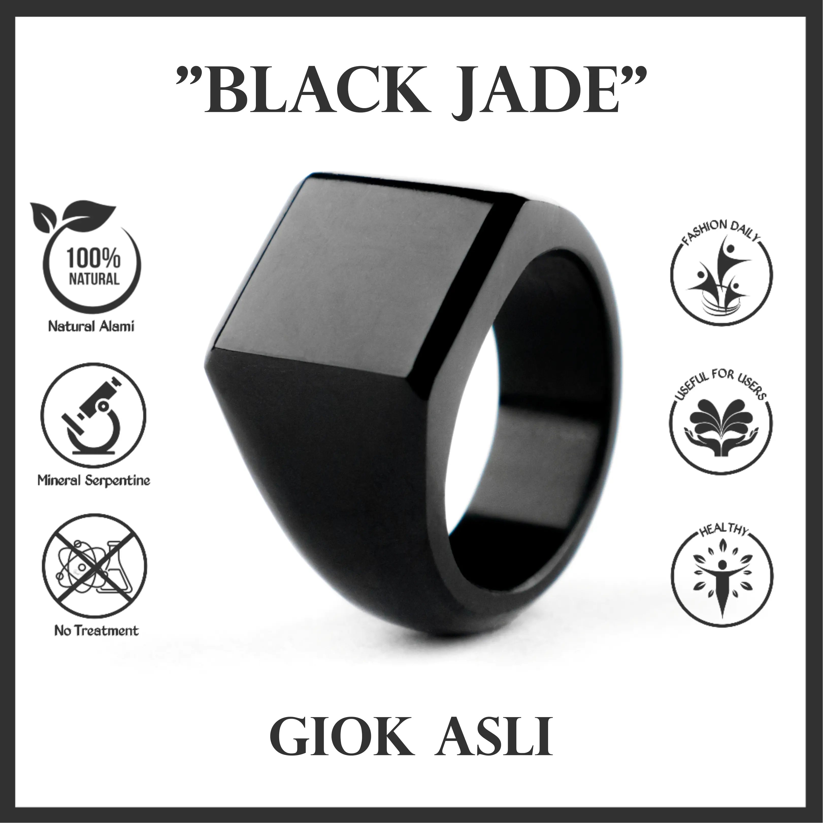 CGG Cincin Batu Giok Hitam Black Jade Motif Kepala Kotak