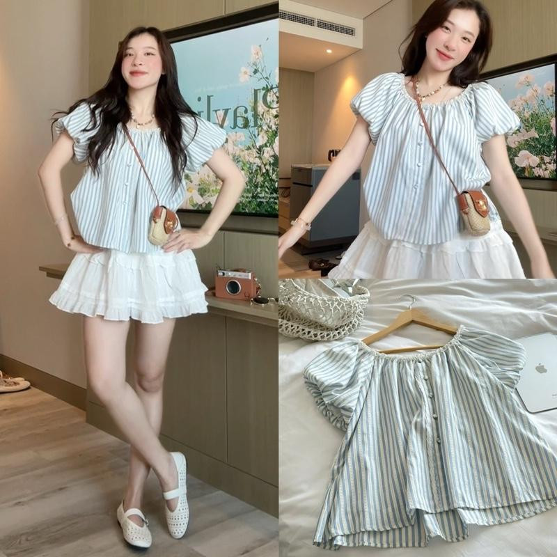 (ẢNH OLDSCHOOL) Áo babydoll kẻ sọc trễ vai phối ren cúc bọc ZINA TOP