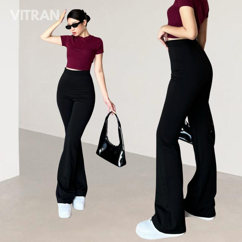 VITRAN BOUTIQUE Quần Ống Loe Lưng Cao Đen Thun Umi Dày Dặn Nữ Dây Kéo Sau Pants Co Giãn Nhẹ Chất Liệu Mềm Mại Basic Minimal