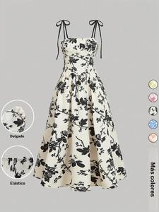 Vestido camisero con estampado floral y lazo en el hombro para mujer, vestido informal sin mangas con tirantes finos de moda para uso diario al aire libre, vestido de mujer para el verano