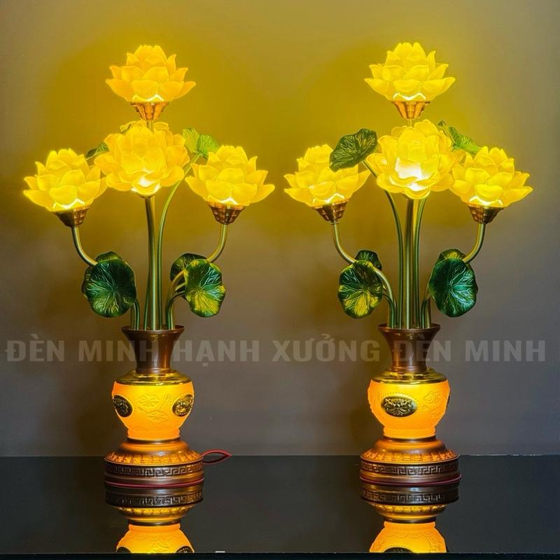 Tặng Kèm Chuỗi Trầm 108 Hạt Đèn Thờ 5 Bông Hoa Sen Lá Xanh - Thân Bầu Khắc Sen Phú Quý Liên Hoa | Cao 56 & 68cm | TẶNG KÈM 3 LED DỰ PHÒNG | MINH HẠNH CHỈ BÁN HÀNG LOẠI 1