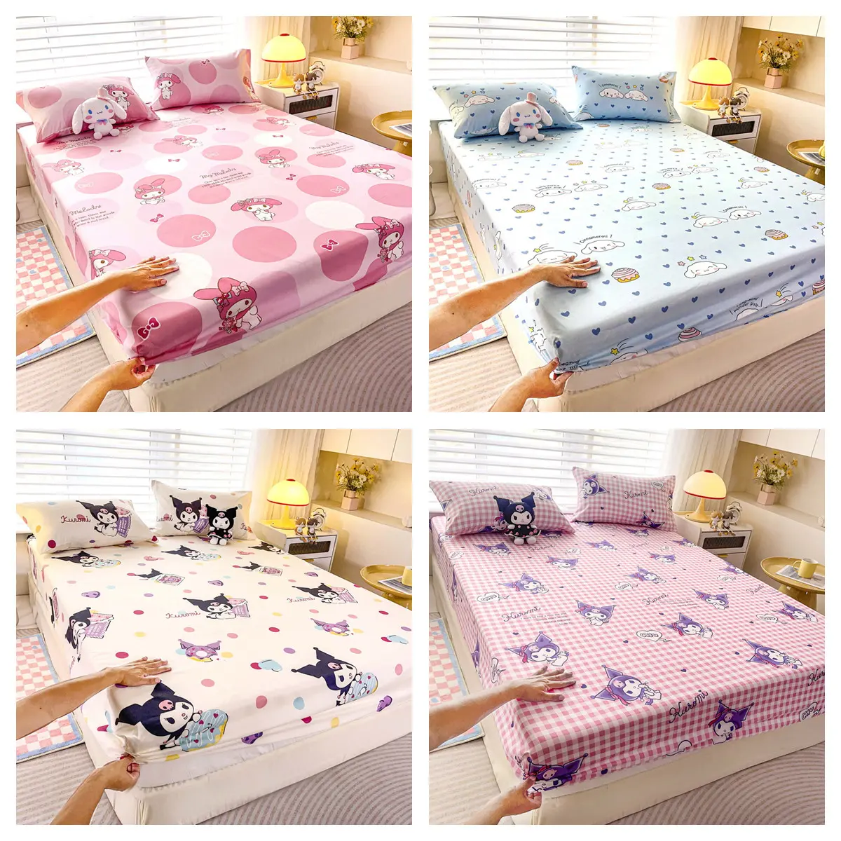 Kuromi 3in1 Fitted Sheet Pure Combed Printed Fitted Bedsheet 2in1 Single / Queen / King 3/4/5/6 inches Size 3in1 bedsheet cadar Cartoon animal c  ada  r fitted  beach  sheet pillow  case