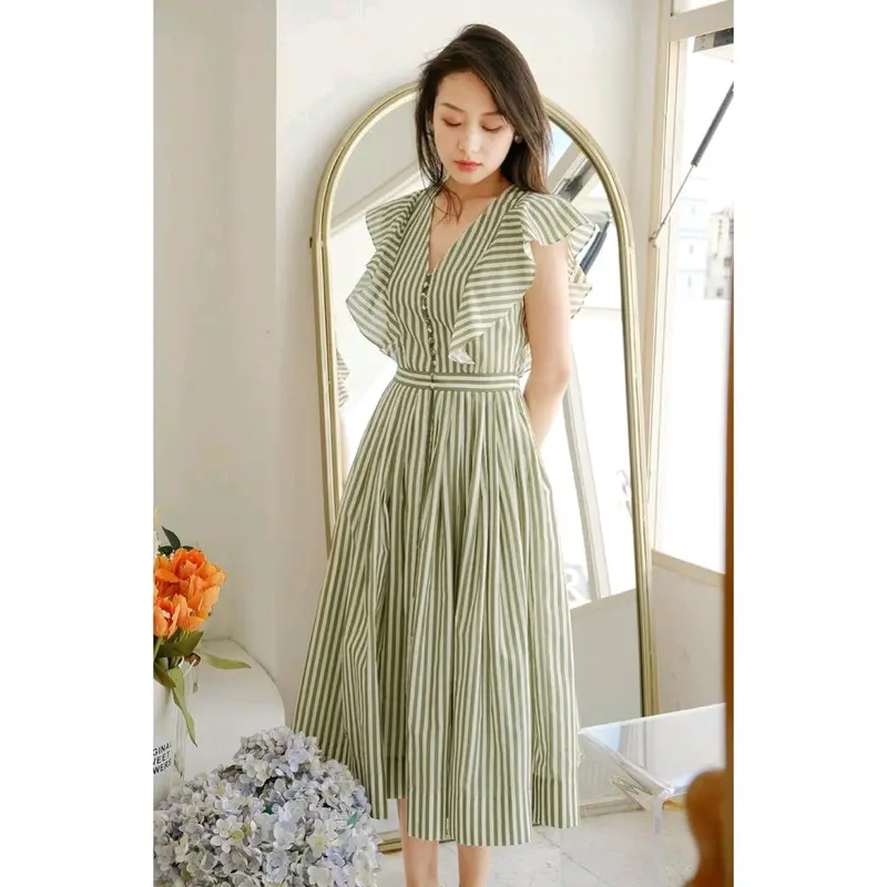 TM 14011 Dress Midi Marilyn Striped Ruffle 0
