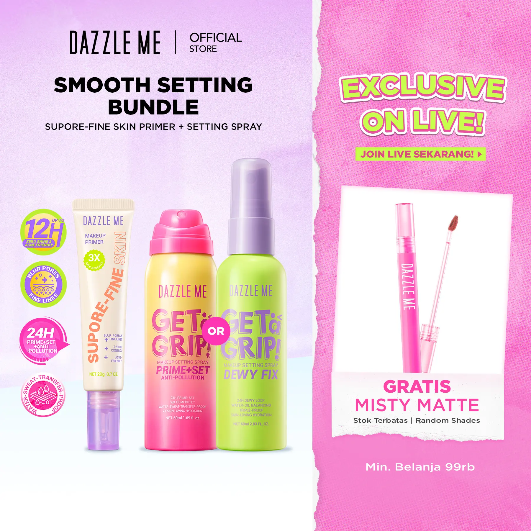 [PAKET BASE MAKEUP 2PCS] DAZZLE ME Smooth Setting Bundle Set Primer Halus dan Setting Spray untuk Makeup Sempurna Tampilan Awet Seharian Tahan Lama