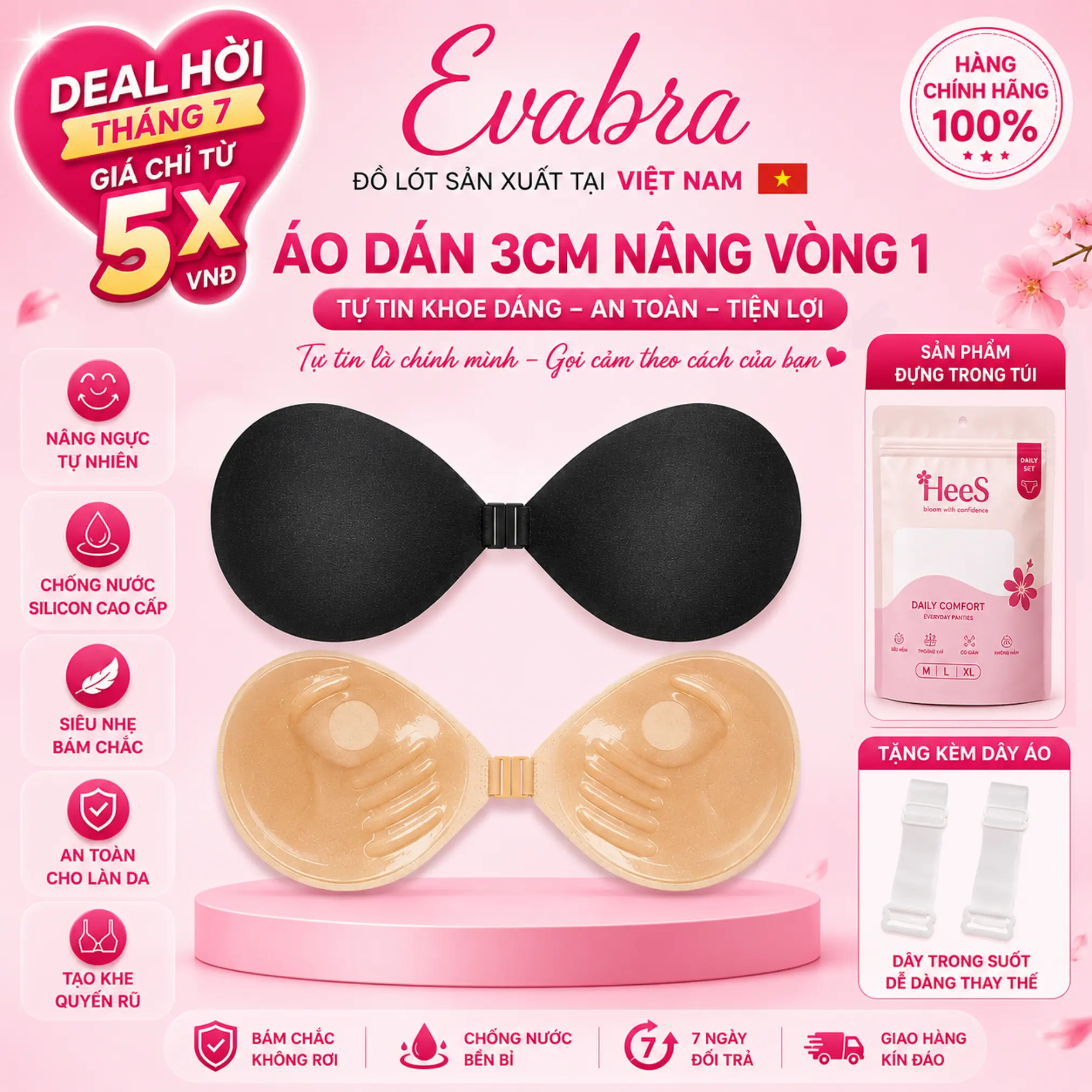 [CHE TÊN SP] Áo dán cài trước siêu nâng siêu dính kèm dây trong Eva Bra - 0127 Kem Nữ   Women Cao Su