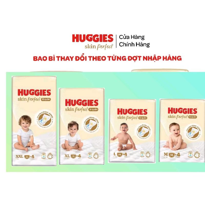 Tã / bỉm quần tốt cho bé Huggies Skin Perfect Mega Jumbo với 2 vùng thấm giảm kích ứng da Size M98+4 / L88+4 /xl72+4/xxl64+4