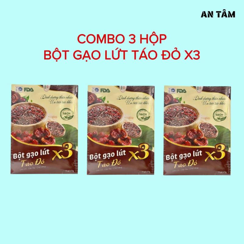Combo 3 Hộp Bột Gạo Lứt Táo Đỏ X3 - Linh Chi Cần Tây Chè Vằng Mẫu Mới Hộp 15 Gói