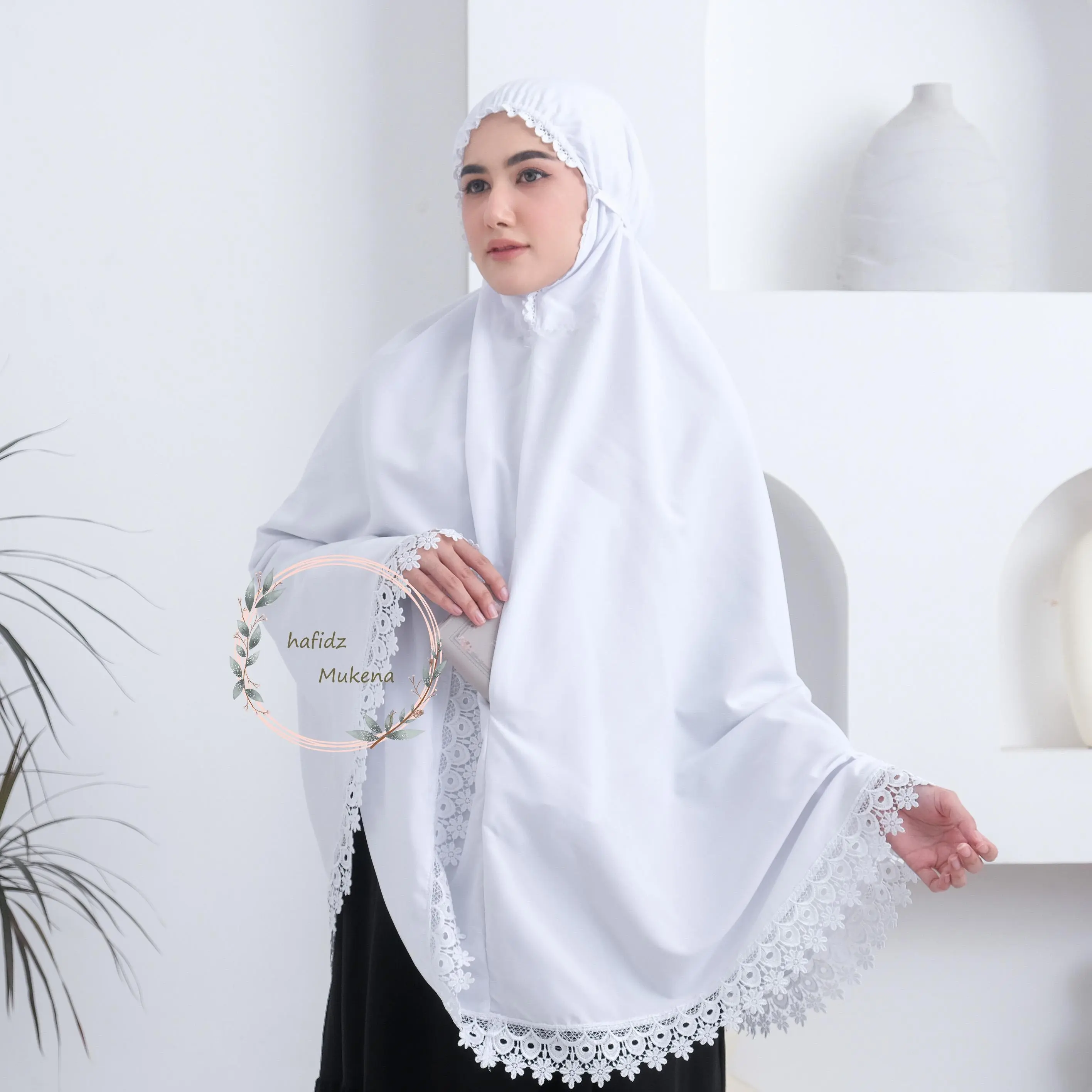 Hafidzmukena - Bergo Umroh Haji Katun Bersaku Instan Cantik Muslim Wanita Kerudung Dewasa Renda Syari