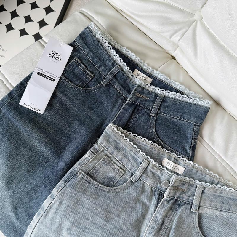   Dài 88-93cm Quần Jean Suông Phối Lưng Ren Cạp Cao Nữ LEDA Quần Bò Rin Ống Rộng Nấm Lùn 1m50 