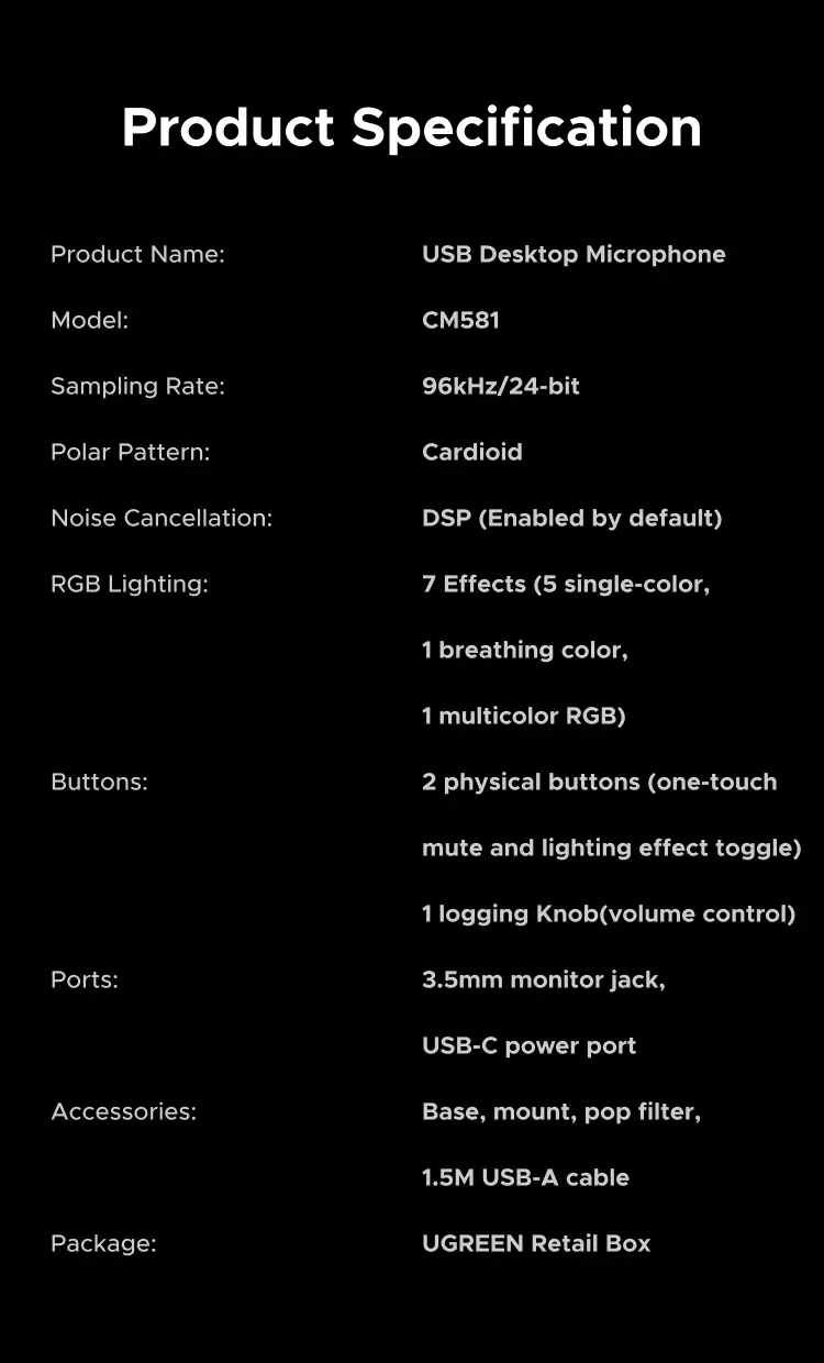 Product Introduction of UGREEN, Micro chuyên nghiệp RGB, Giảm tiếng ồn DSP, Hiệu ứng đèn RGB 96kHz/24-bit, Dành cho Game, Compatible with Windows & MacOS 13