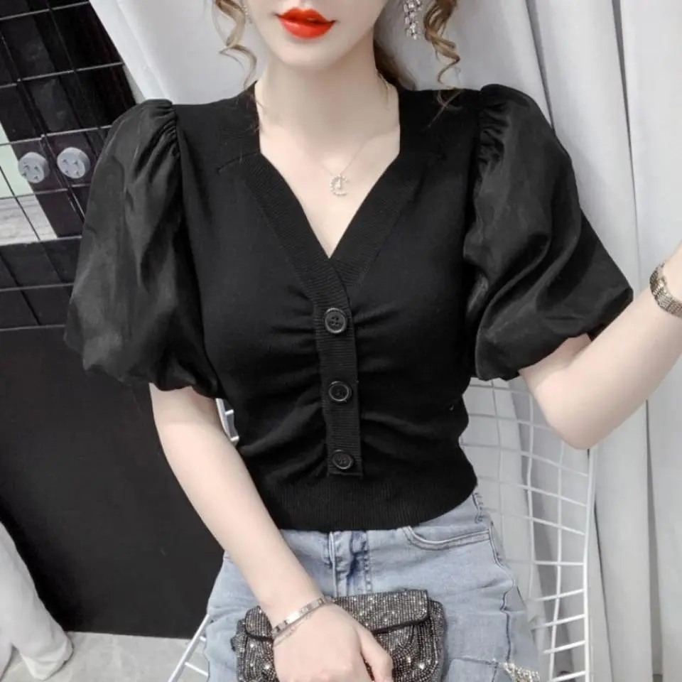 Áo Len Cổ Chữ V Cho Nữ, Áo Sơ Mi Voan Ngắn Tay, Lụa Lạnh, Phồng