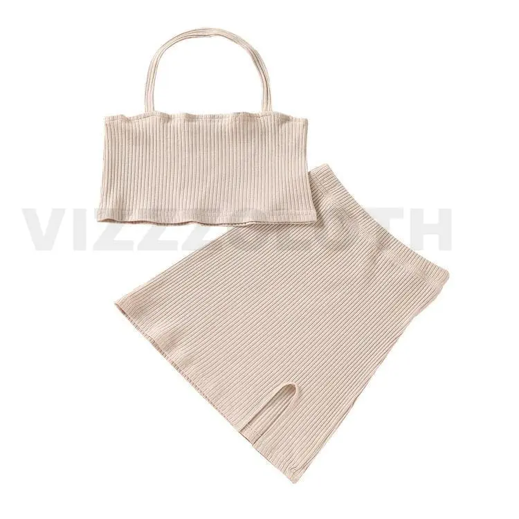 SETELAN ANAK PEREMPUAN RIB KNIT HALTER TOP & SPLIT HEM SKIRT USIA 1-5tahun BAJU ANAK PEREMPUAN 1