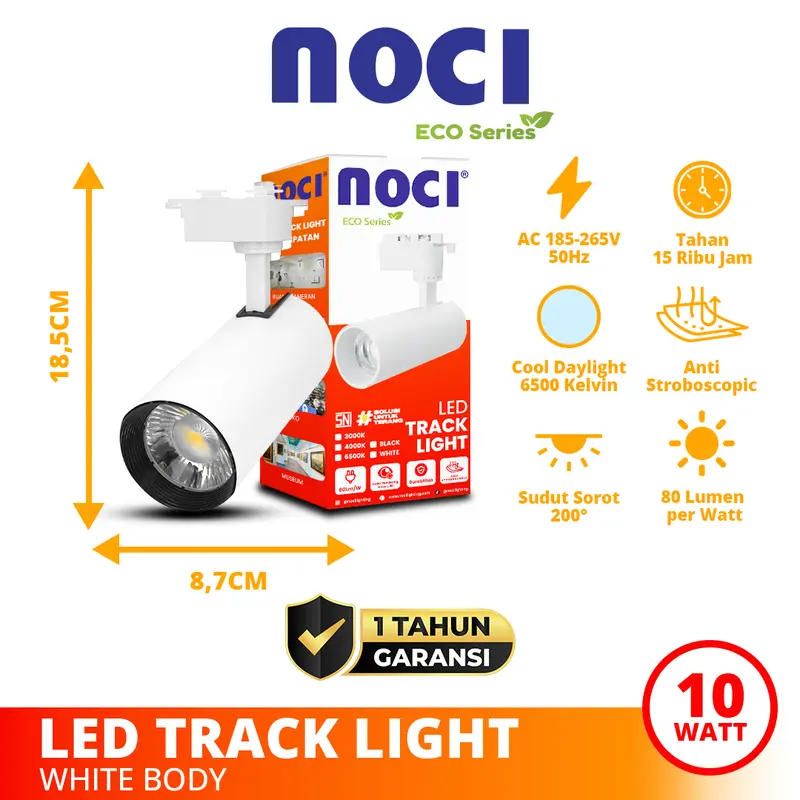 Noci Eco Series Lampu Sorot Rel LED Track Light 10-30 Watt Cahaya Kuning 3000K/Putih 6500K Warna Bodi Hitam/Putih Super Terang Hemat Daya