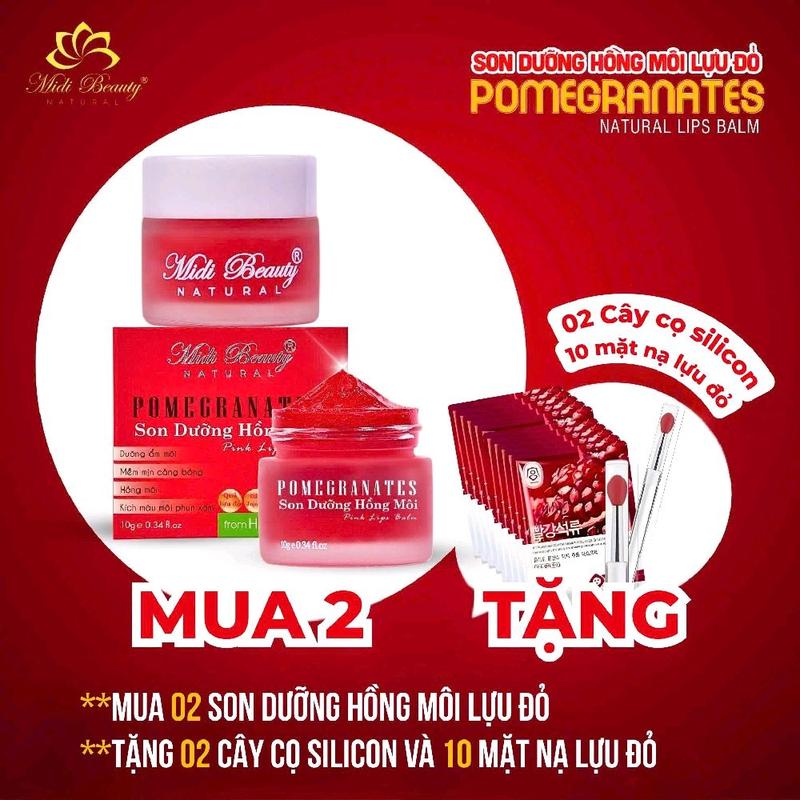  Tặng Cây Cọ+3 Mask  Son Dưỡng Hồng Môi LỰU ĐỎ 10G: Dưỡng môi mềm mịn hỗ trợ giảm thâm và hồng môi - Pomegranates Natural Lip Balm 10gr Midi Beauty Natural  Thẻ Bảo Hành   Mua 2 Hủ Tặng 2 Cọ + 10 Mask  Nữ Women Skincare 