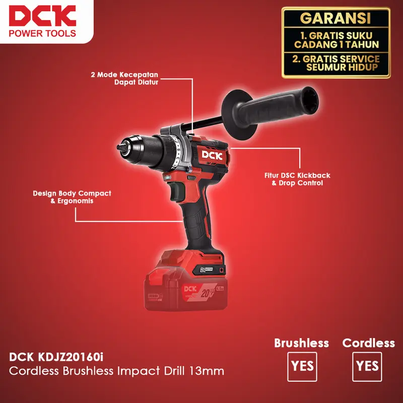 DCK KDJZ20160i Cordless Brushless Impact Drill / Mesin Bor Impact Baterai 13mm 2