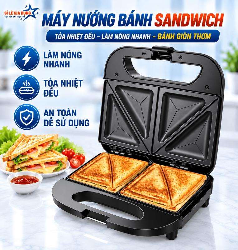 Máy Nướng Bánh SANDWICH, Máy Nướng Bánh Công Suất 750W Siêu Bền, Máy Nướng Bánh Chống Dính, Tiết Kiệm Điện