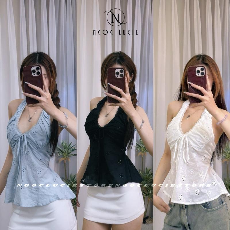 T09 - Áo Babydoll Xoè Cổ Yếm Viền Ren Nữ Tính Dễ Thương - Ngọc Lucie