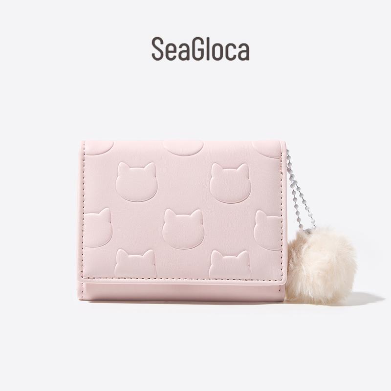 Ví Ngắn Gấp Ba, SeaGloca, Phong Cách Hàn Quốc, Mặt Dây Chuyền Quả Cầu Tóc, In Hình Thỏ, Làm Bằng Da PU, Dành Cho Nữ, No 1557, Hàng Mới Về