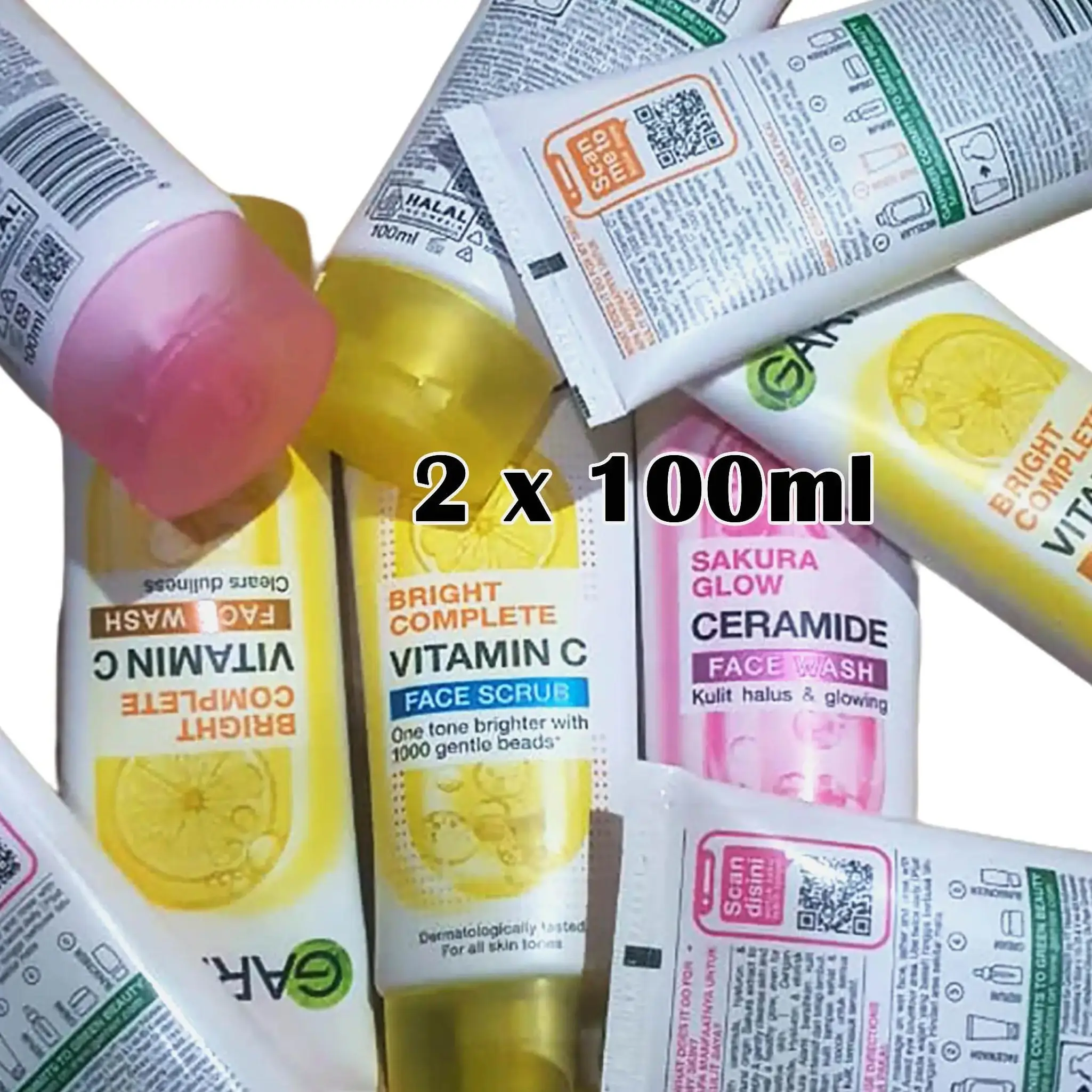 (2pcs) Face Wash 100ml Facial Scrub VIT C Kuning 100ml Pembersih  Perawatan Wajah Mencerahkan Cleanser Aging Pencerah Hitam Pria Wanita sabun pencuci muka glowing