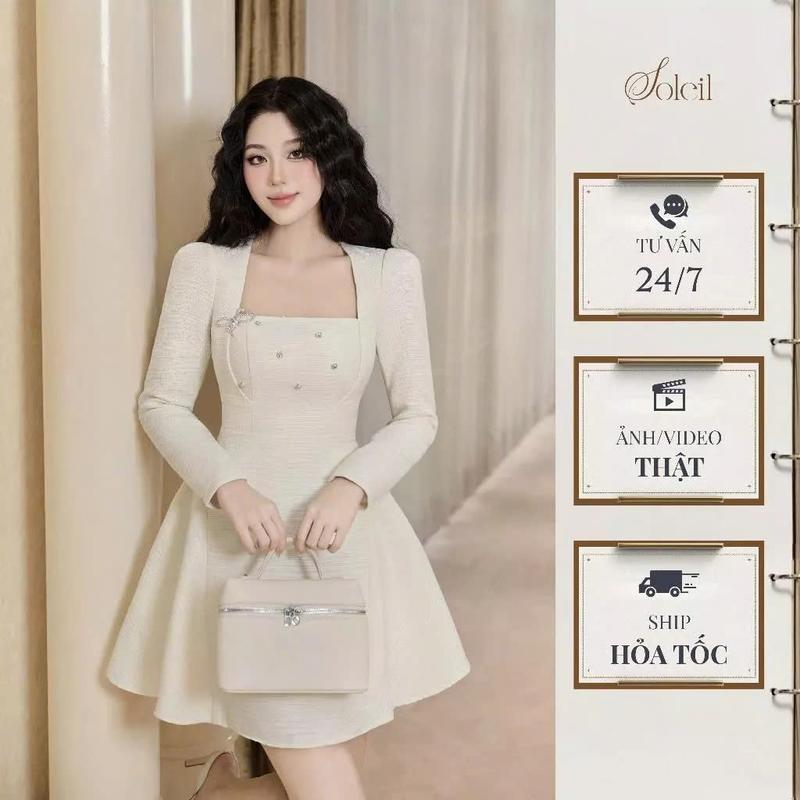  SOLEIL - Váy Đầm Dạ Tweed Monie Dress Thiết Kế Nữ Cổ Vuông Dài Tay Dáng Ngắn Chữ A Tùng Xòe Đính Đá Màu Trắng Kem Tiểu Thư Sang Trọng Đi Tiệc VD37 