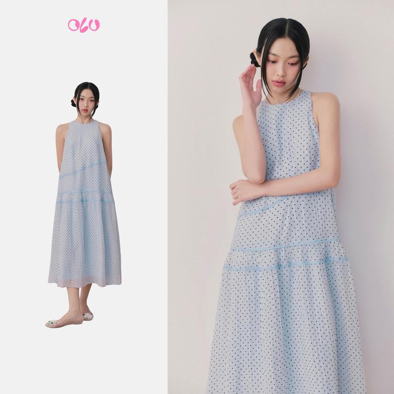 Đầm suông maxi cổ yếm thanh lịch Blue Chiffon Dot Halter Neck Dress phù hợp đi chơi OLV