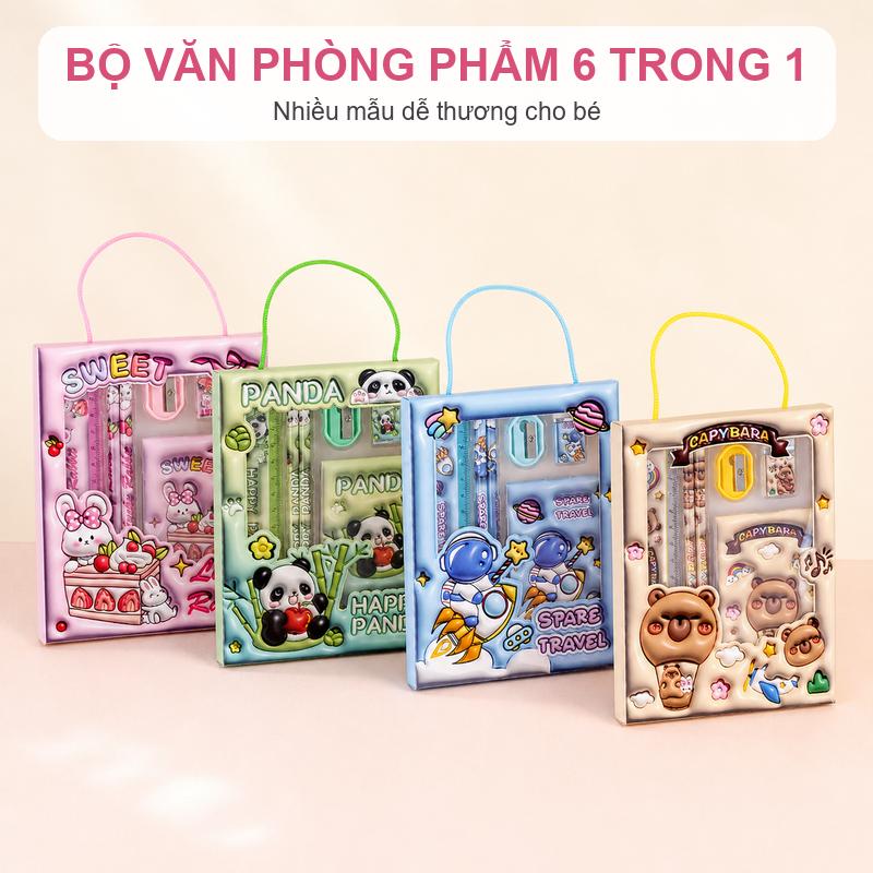 Bộ Văn Phòng Phẩm 6 Trong 1 Cho Bé – Hộp Quà Có Quai Xách, Nhiều Mẫu Hoạt Hình Dễ Thương set dodunghoctap dung cu hoc tap mystery scoop al at tulis Bút Máy Luyện đựng được tính Lánh đánh dấu ống cậu bi cấp nữ ngăn cao phấn viết bảng không bụi lọ bí mật