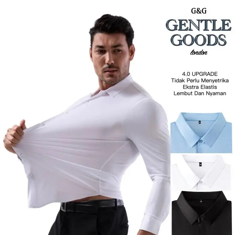 Ultra Stretch Anti Setrika Kemeja Pria - 16-Way Elastis Anti Kerut Bisnis Kasual Nyaman