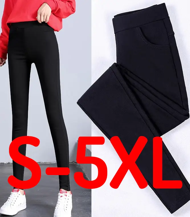 [READY STOCK] Women Plus Size Plain Elastic Waist Stretchable Denim Jeans Long Pants Trousers S - 5XL