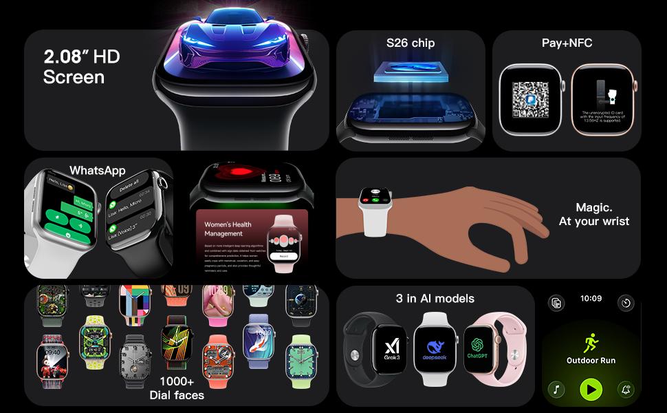 KIRO Watch S11 Pro Wireless charging Smart WATCH S11 Pro for iPhone Watch Smartwatch Olahraga dengan Layar HD 2.08" IP67 Waterproof Bluetooth Android iOS Anti-Carsickness 1000+ Faces