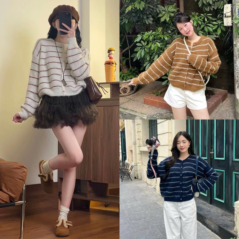 SALE MỞ BÁN Áo len cardigan kẻ ngang lông dài mềm mịn SUMIISHOP mã AL30