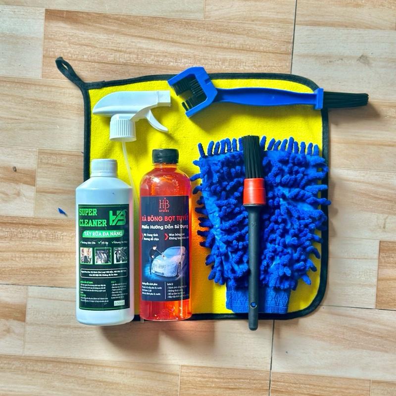 Combo Rửa Xe 500ml Xà Bông Super Cleaner & Dụng Cụ Rửa Xe - 1 Cọ Chi Tiết, Bao Tay San Hô, Chà Sên, Khăn Lau Hiệu Quả