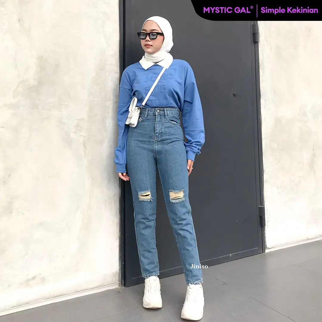 JINISO MYSTIC GAL - 022 Boyfriend Ripped Highwaist Celana Jeans Wanita Warna Ocean Blue