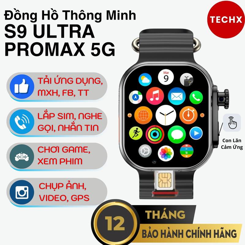  TechX Đồng Hồ Lắp Sim S9 ULTRA PROMAX Màn Hình Super AMOLED 4GB+64GB Android 15 Hỗ Trợ SIM 5G Tải Ứng Dụng Lắp Sim Nghe Gọi Chơi Game Xem Phim Chụp Hình GPS Đo Sức Khỏe Chat GPT Camera 