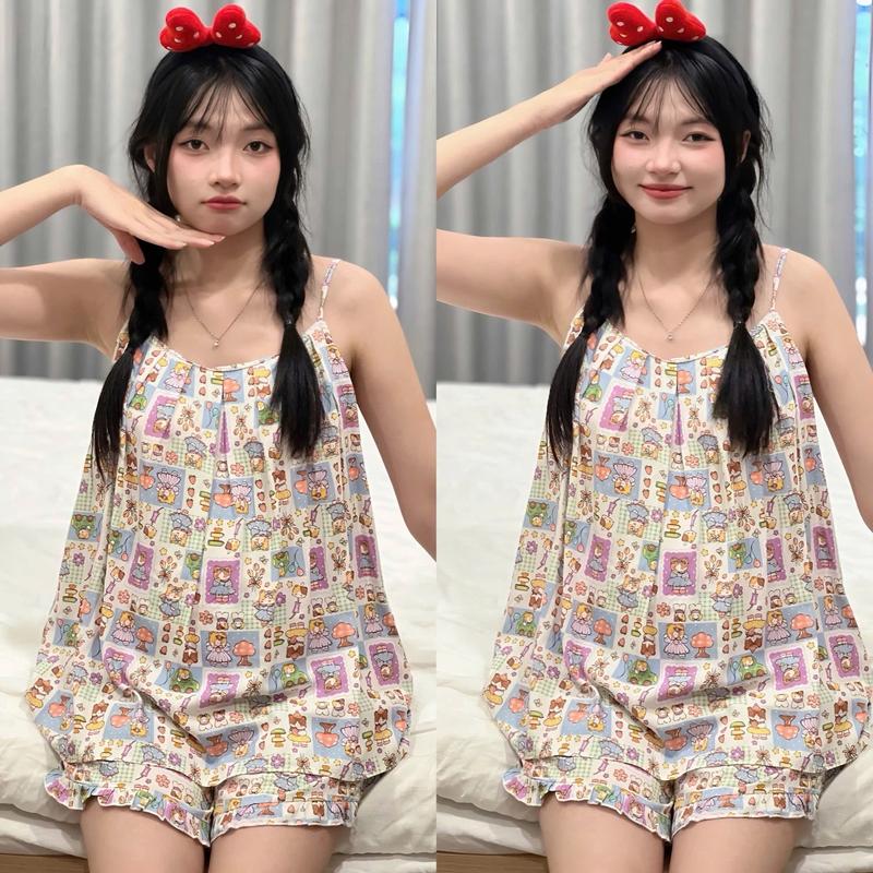 MUMMUM/ Bộ bầu 2 dây quần đùi xếp ly fom suông thoải mái mặc nhẹ mát trong ngày hè Nữ Women Áo Voi