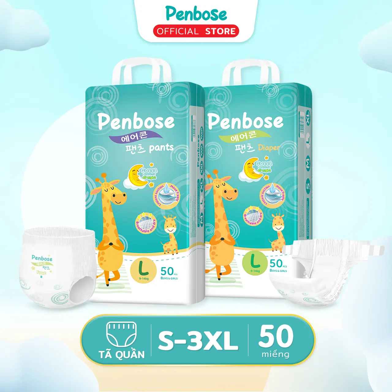 【Giao hàng miễn phí】Penbose Tã Bỉm dán Quần 50 miếng Size S đến XXXL, hút ẩm nhanh dung tích hấp thụ cao, dày chỉ 2mm mỏng manh không chà da, thấm khí tốt dính sát da, giữ khô lâu không rò rỉ, dễ thay mặc, giá hợp lý hiệu quả tốt cho bé