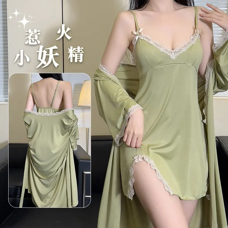 olive clothing Sexy Pajama Set Milk Silk Deep V Suspender Pajama Lace Side Slits Chest Pad Backless