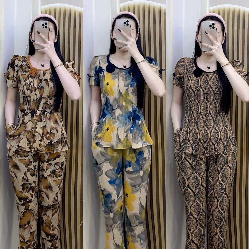 [Quần dài] Set bộ dập ly cổ tròn tết sam đính bông chất vải mango mềm nhẹ mát set  đồ đẹp đồ  bộ may sẵn nhà đồ  bộ trung niên