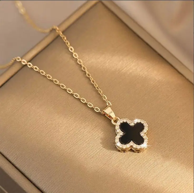 kalung titanium bunga hitam anti karat dan luntur terbaru perempuan pecah kopi/nuri