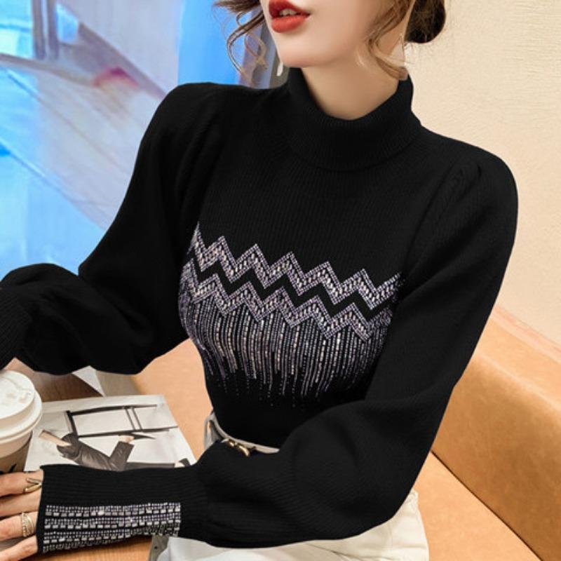 Product Introduction of Solid Color Diamonds Turtleneck  Sweaters Autumn Winter Female Commute Fashion Lantern Sleeve Thick Knitted Jumpers 8