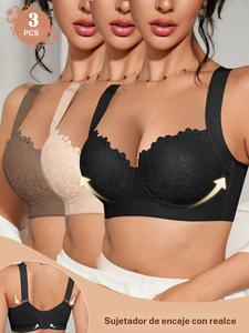 Conjunto de sujetador push-up de encaje para mujer 1/2/3 piezas, soporte con aros cómodo, evita la caída del busto y moldea los lados, tirantes anchos ajustables, elegante y transpirable, uso diario