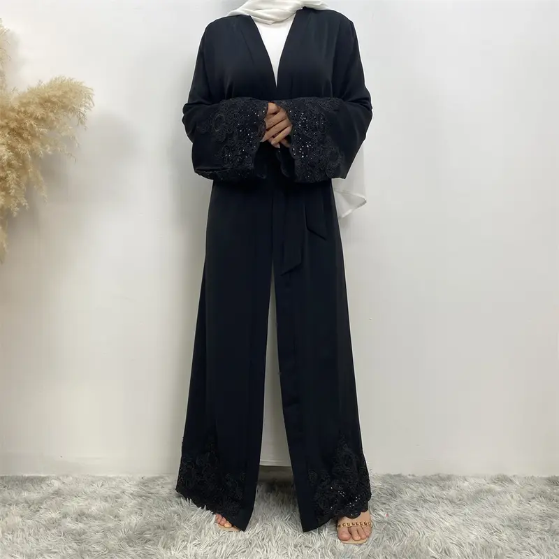 1989#  New fashion lace applique loose cuff open abayas 5 colors 1