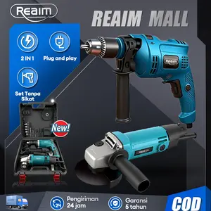 REAIM Mesin Bor Listrik 13mm dan Mesin Gerinda Tangan REAIM Set Perkakas Listrik 2in1 untuk Bor Tembok Beton Kayu Besi serta Amplas Potong Halus Besi Batu Proyek Konstruksi Bengkel Repair Rumah Tangga Portabel Kuat dengan Garansi
