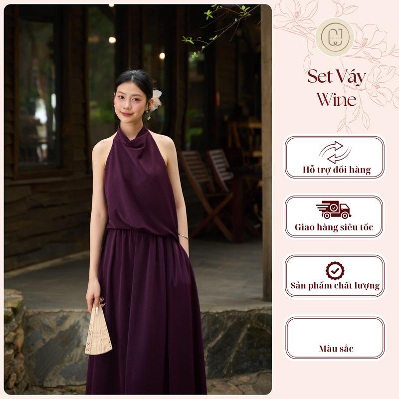  Bộ áo yếm lụa đổ lưng màu tím kèm chân váy xoè Wine điệu đà Cayleo Design dành cho nữ - AV879 