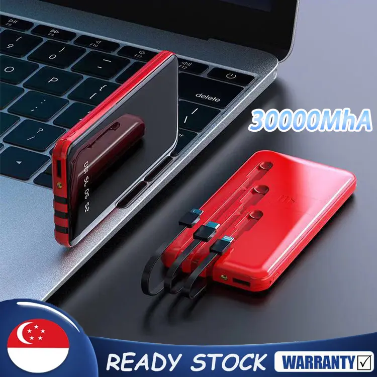 30000mAh Portable Power Bank with Fast Charging Port and 3 Built-in Cables - High Capacity Phone Charger Accessories