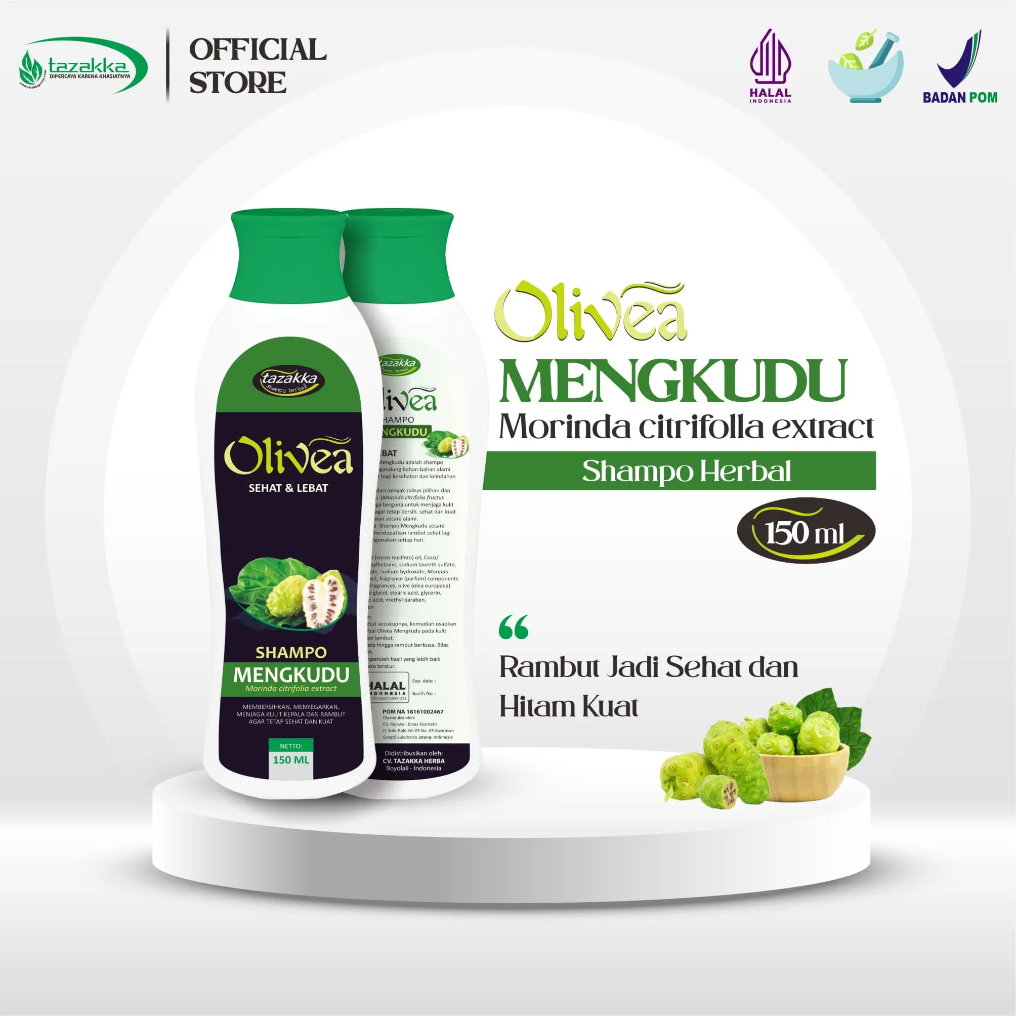 Olivea Sampo Mengkudu Penghitam Rambut Herbal Tazakka 150 ml Kemasan Botol Shampo Noni Penghilang Uban Permanen Halal Sampo Anti Ketombe dan Rontok Ampuh sampo uban hitam shampoo  untuk kulit kepala berjerawat