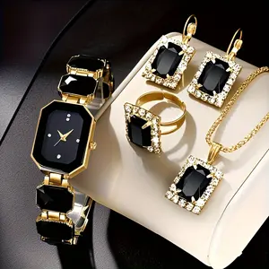 Set Jam Tangan & Perhiasan Wanita 5 Buah - Jam Tangan Kuarsa Persegi Dengan Gelang/Kalung Kerah/Anting-anting/Cincin Yang Serasi, Rantai Paduan Logam Berwarna-warni, Bahan Stainless Steel Tahan Goncangan