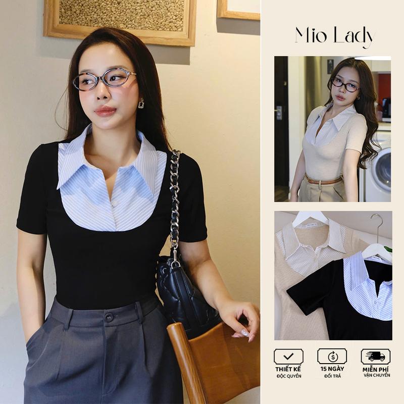 Áo Thun Phối Sơ Mi Cộc Tay Phối Cổ Thanh Lịch Nữ Top - Miolady