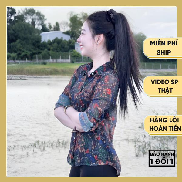 Áo Sơ Mi Nữ Dài Tay Đen Lụa Voan Mỏng Họa Tiết Vườn Hoa